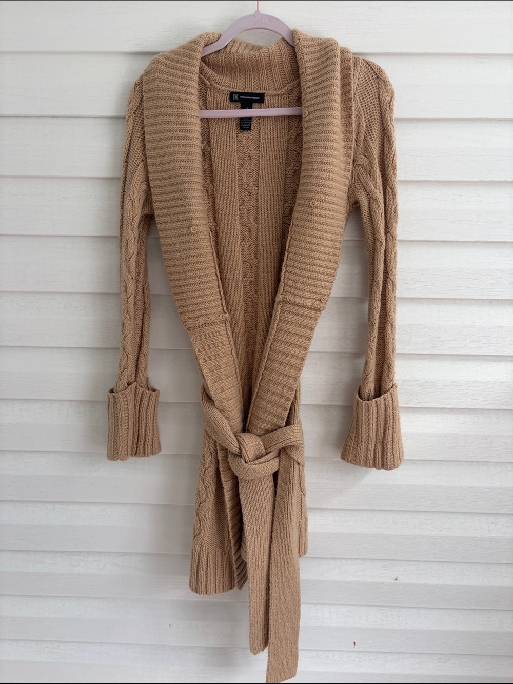 INC International Concepts Wool Tan Cable Knit Belted Cardigan Sweater M Long